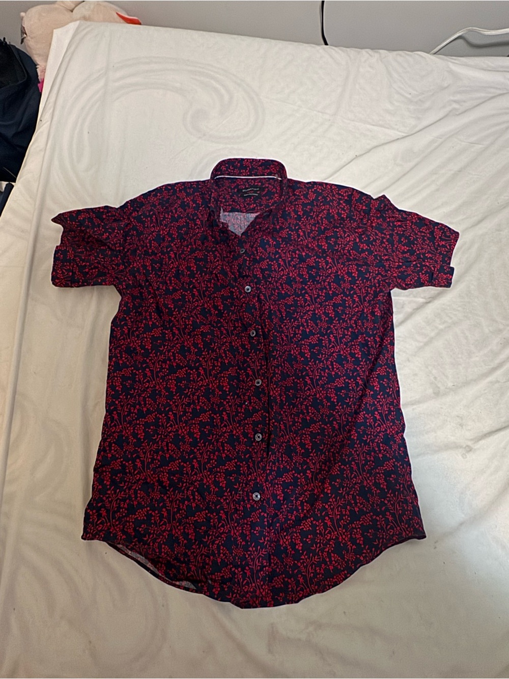 Bugatchi Navy Short Sleeve Button-Down with Red Floral Print